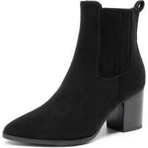 Women's Black-suede Pointed Toe Ankle Boots Chunky Block Heel Bootie Fall